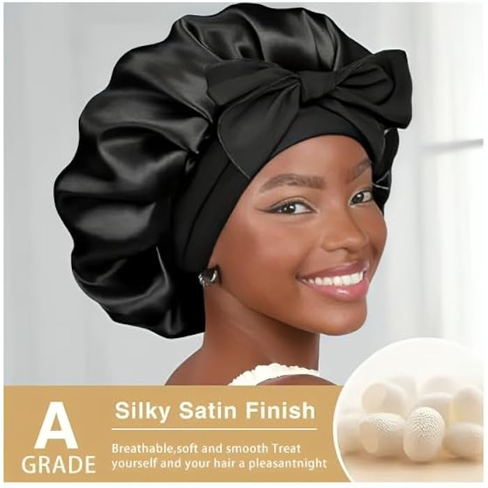 Silk Hair Bonnet Braided One Layer with Satin Toukka Gift Black - Image 3